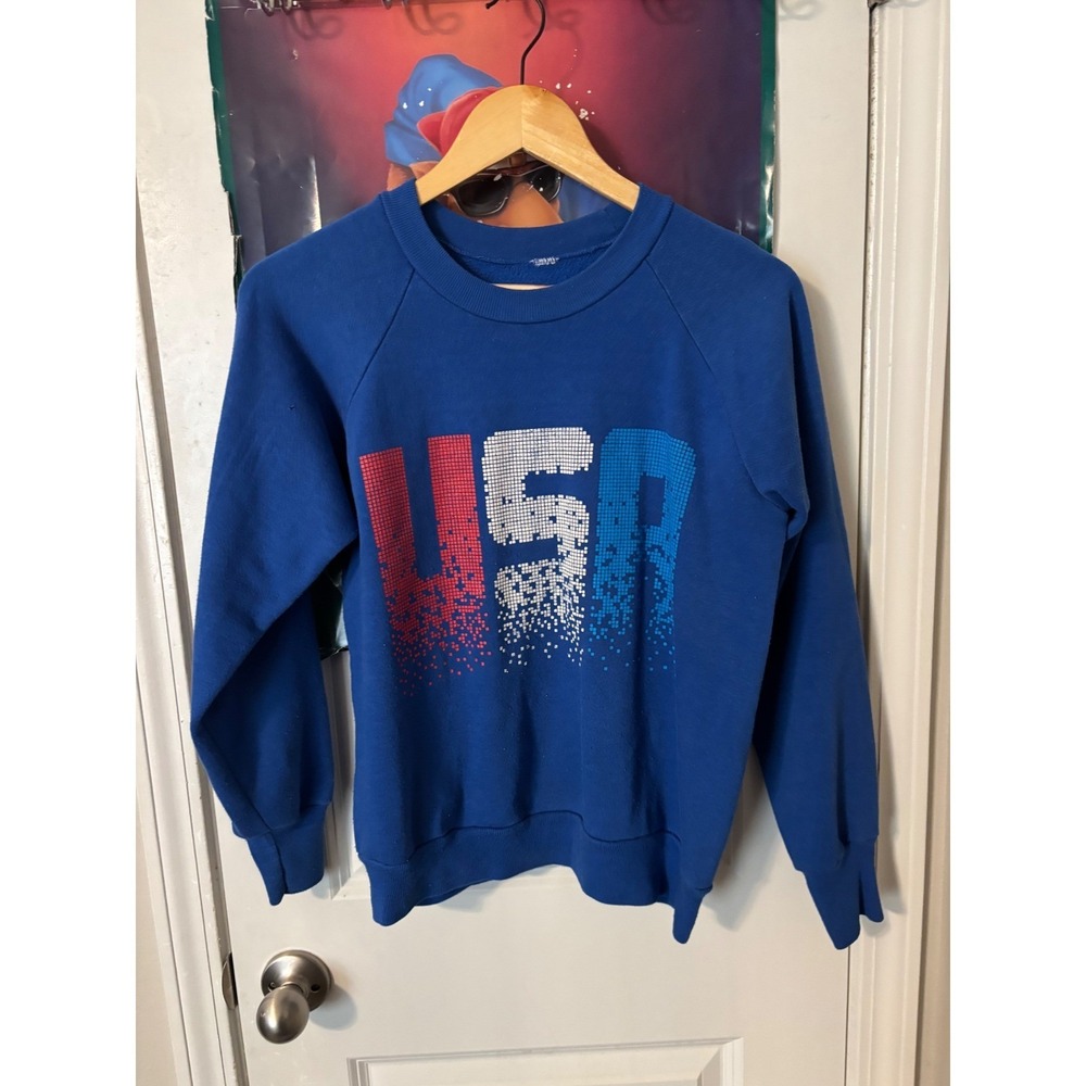 Vintage USA Graphic Sweatshirt Royal Blue Raglan Pullover Mens Small Retro